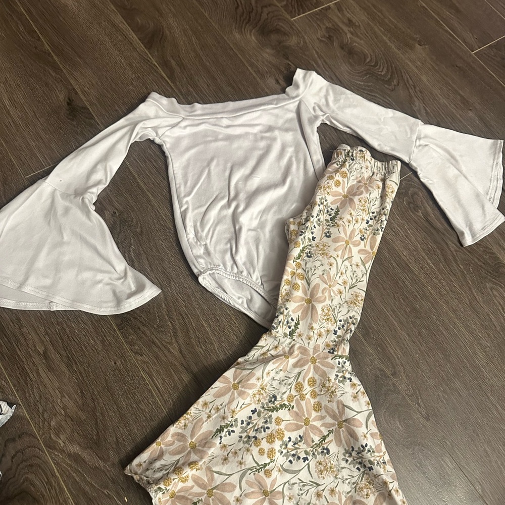 Handmade White Bell Sleeve Top and Floral Pants Set